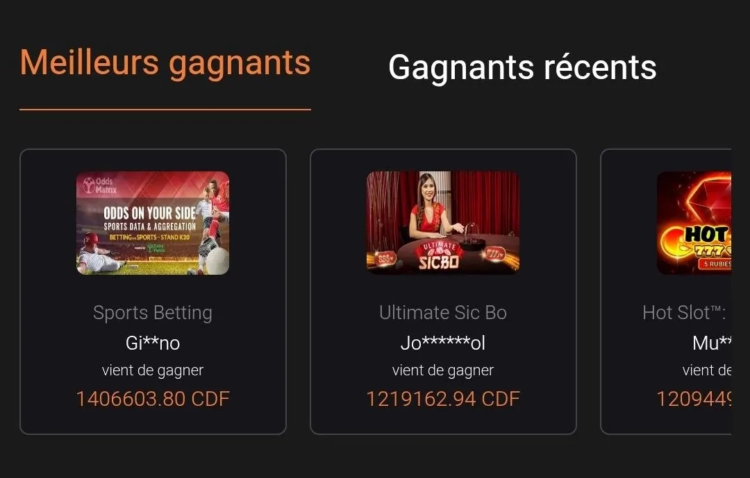 Bloc Meilleurs gagnants du casino NgeNge Sport avec Ultimate Sic Bo et Hot Slot