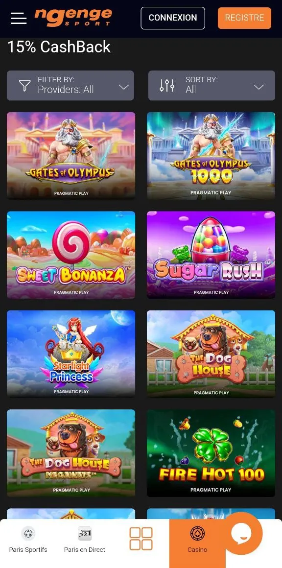 Rubrique 15 % CashBack du casino Ngenge Sport avec Gates of Olympus, Sweet Bonanza et Sugar Rush
