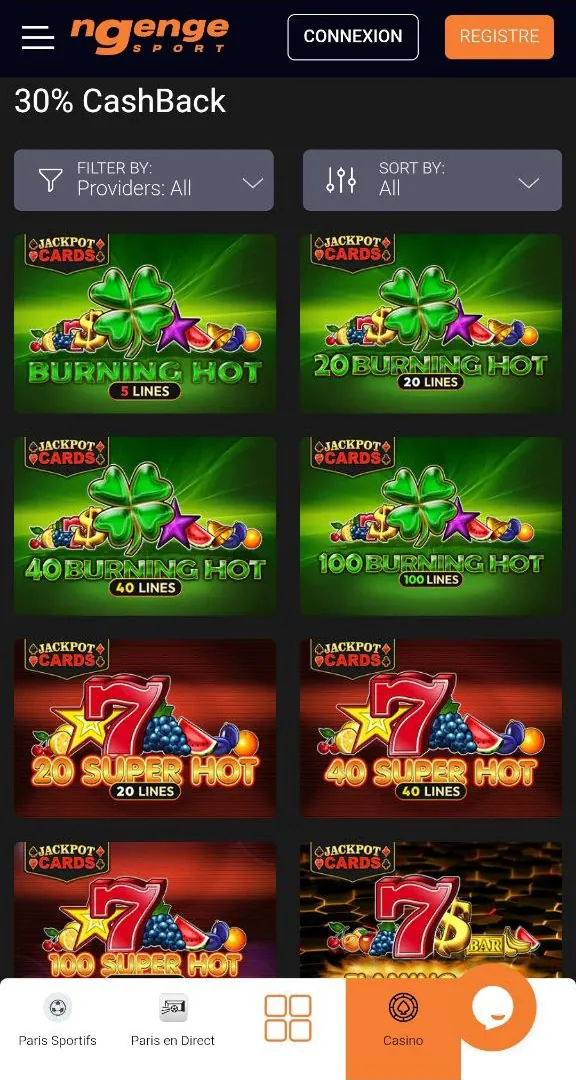 Rubrique 30 % CashBack du casino Ngenge Sport avec les machines Burning Hot et Super Hot