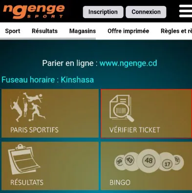 Menu mobile Ngenge Sport avec la tuile Vérifier ticket entourée
