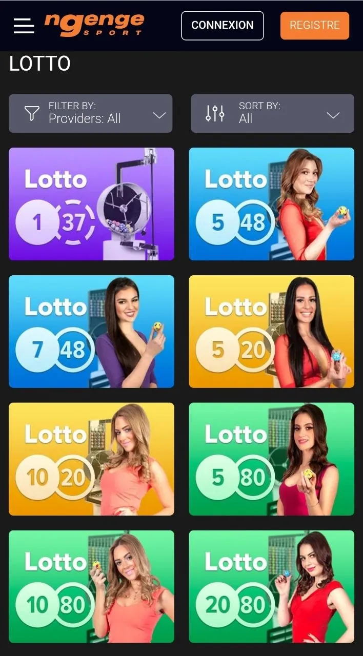Rubrique Lotto du casino NgeNge Sport avec les tirages 5/48, 7/48 et 10/80