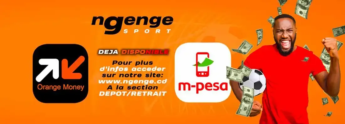 Bannière Ngenge Sport annonçant Orange Money et M-Pesa, rubrique dépôt et retrait du site ngenge.cd