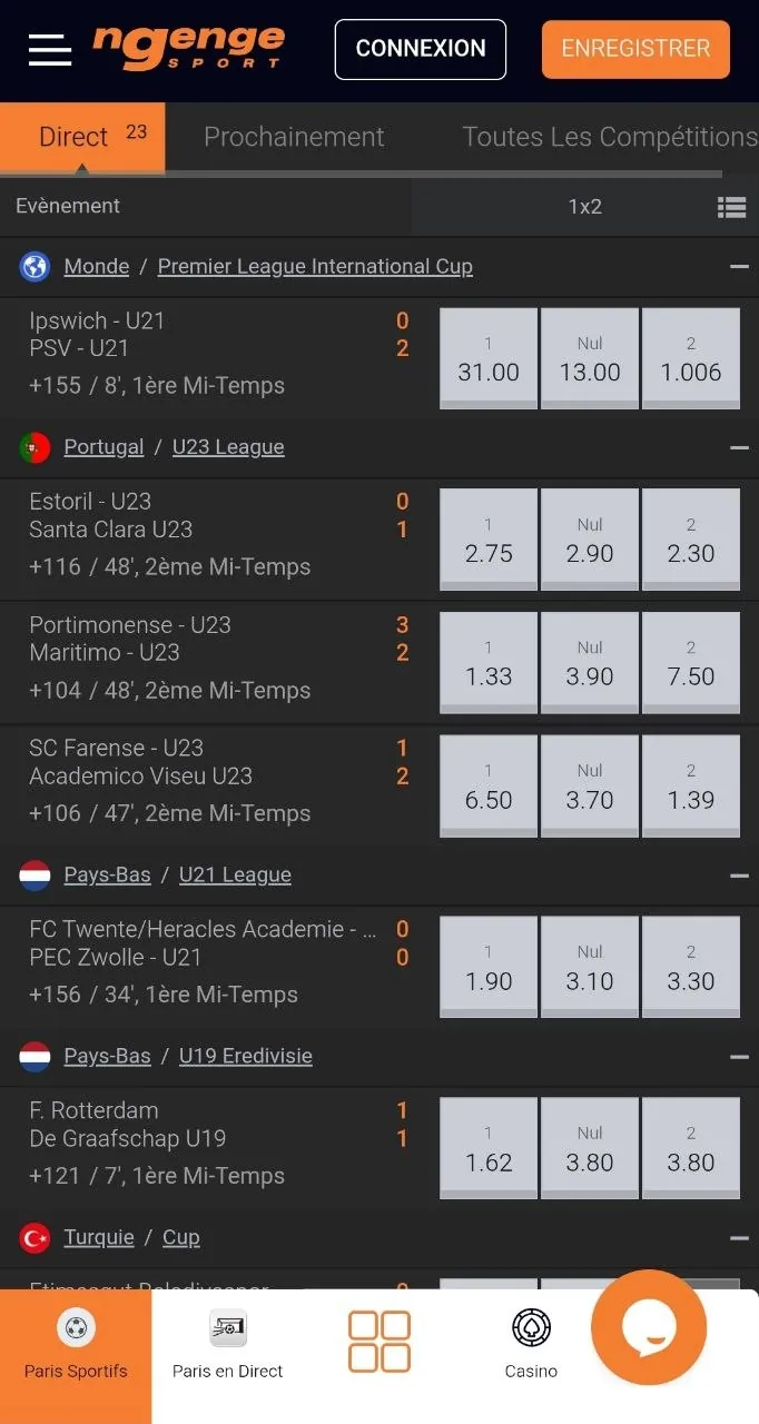 Écran d'accueil de l'application Ngenge Sport sur téléphone