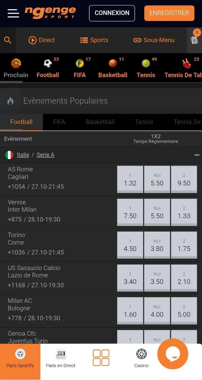 Application Ngenge Sport : liste des événements sportifs