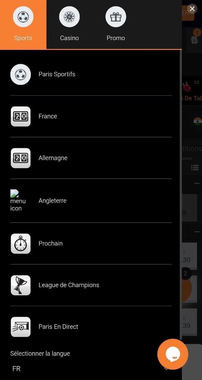 Application Ngenge Sport : menu principal sur mobile