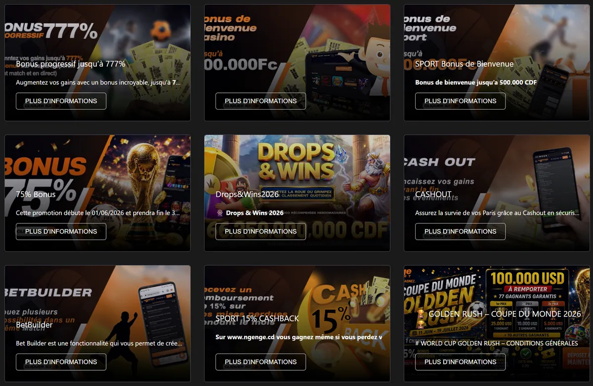 Page Promotions de Ngenge Sport avec les offres bonus progressif, bienvenue sport et casino, cashout et BetBuilder