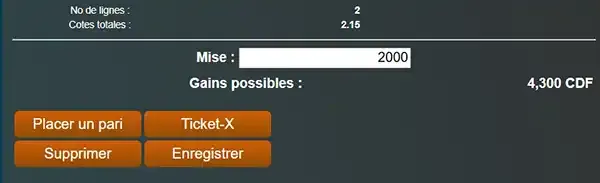 Coupon Ngenge Sport avec la mise, les gains possibles et le bouton Ticket-X